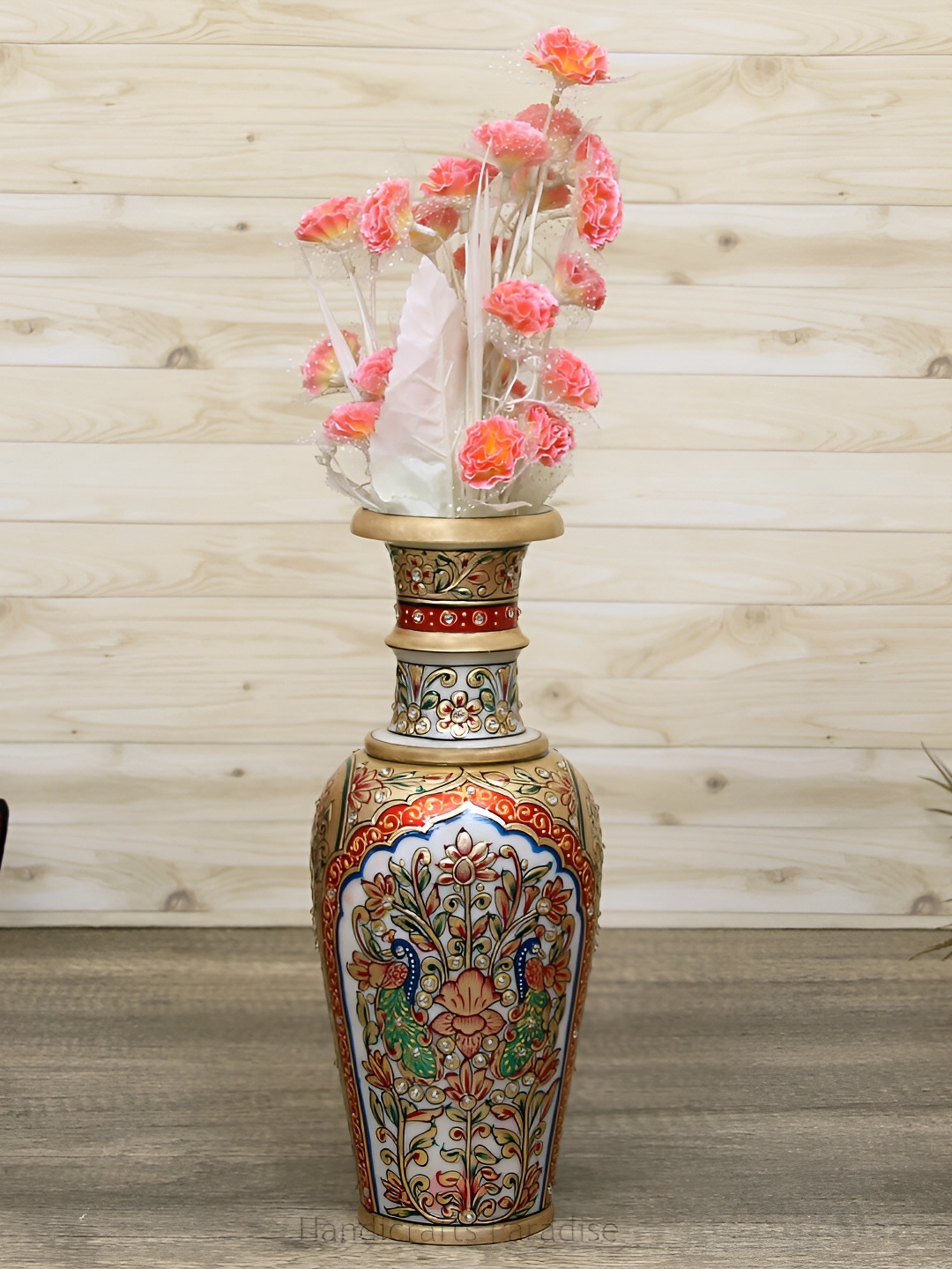 

HANDICRAFTS PARADISE White & Gold Toned Peacock Printed Textured Marble Vase