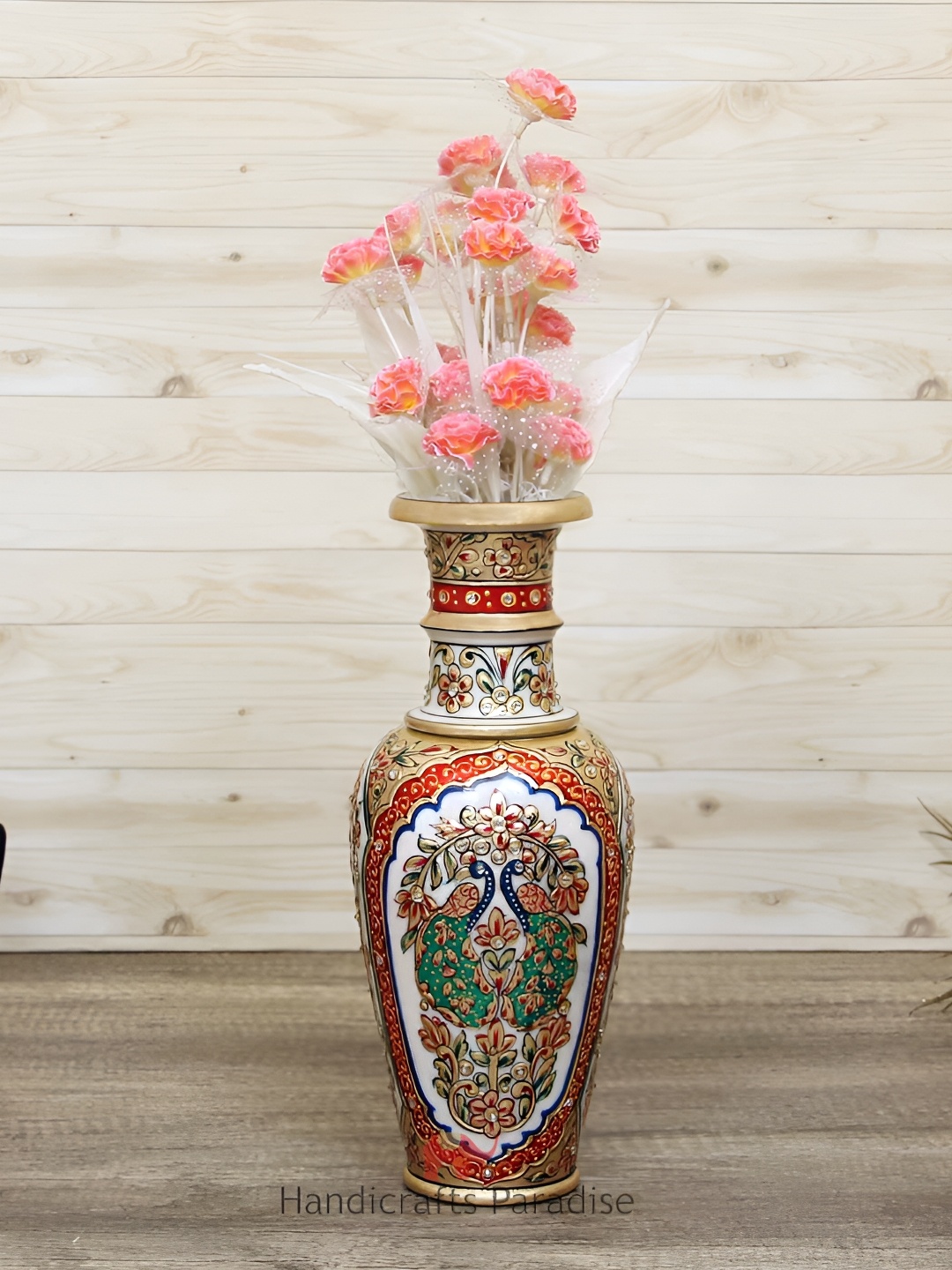 

HANDICRAFTS PARADISE White & Gold Toned Peacock Printed Marble Vase