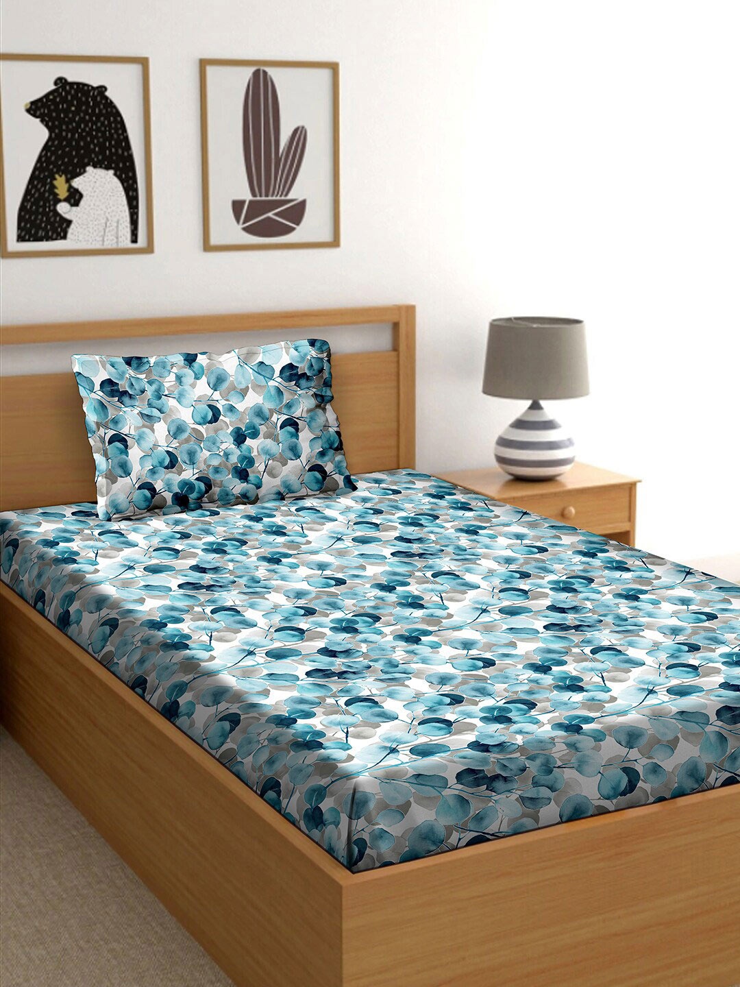 

BELLA CASA Blue 180 TC Cotton Single Bedsheet with 1 Pillow Covers