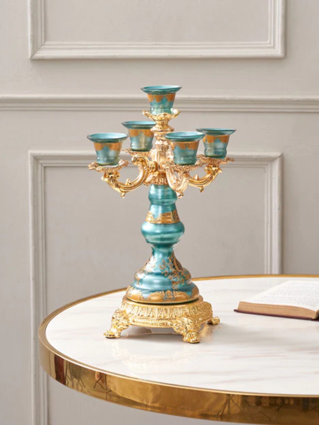 

THEDECORKART Gold Toned & Blue Metal 5 Candles Holder
