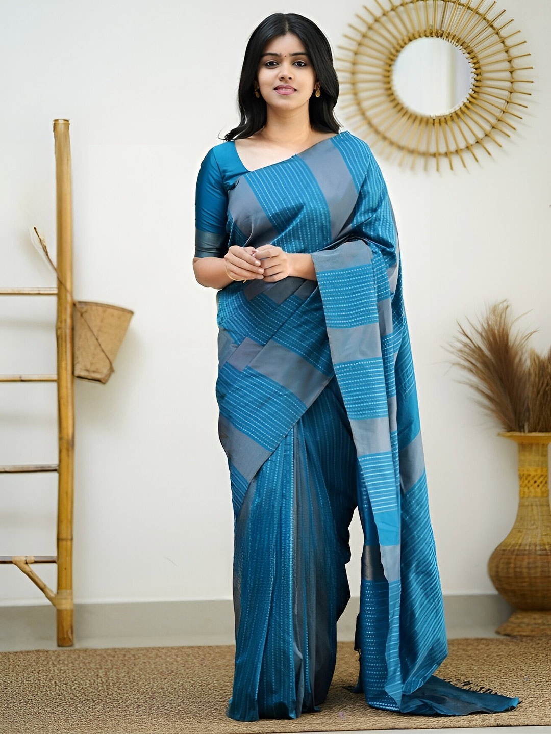 

Sidhidata Embellished Zari Silk Blend Designer Banarasi Saree, Turquoise blue