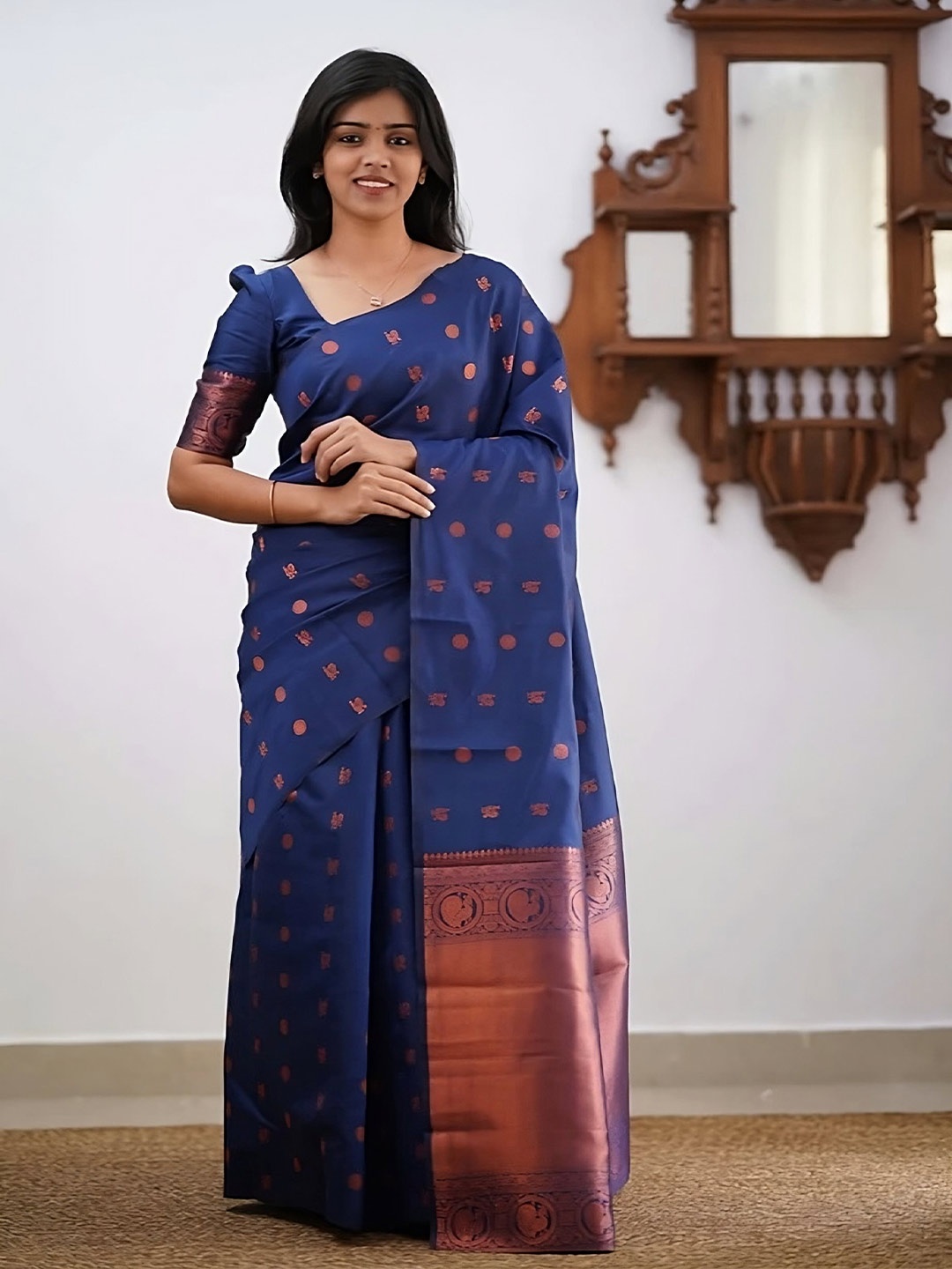 

Sidhidata Embellished Zari Silk Blend Designer Banarasi Saree, Navy blue