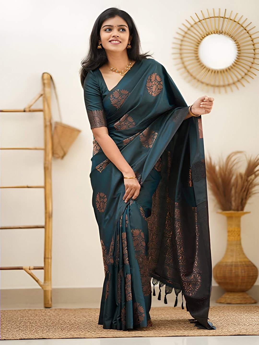 

Sidhidata Embellished Zari Silk Blend Designer Banarasi Saree, Teal