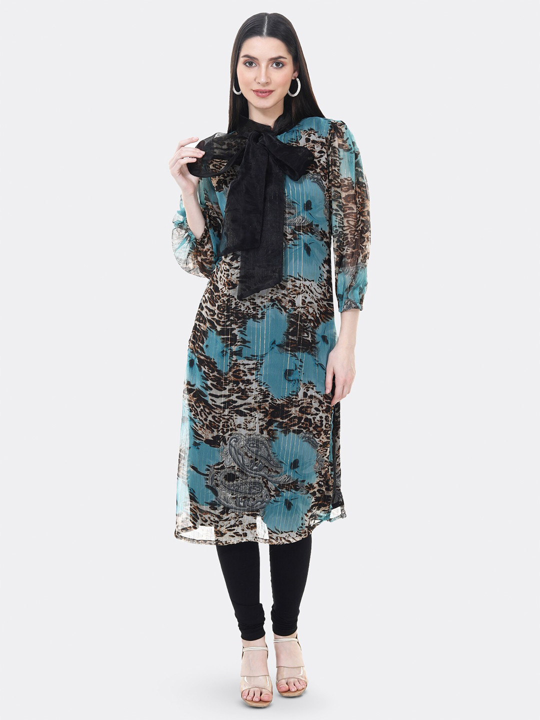 

TSM Printed Embellished Neck Design Calf Length Straight Kurta, Black