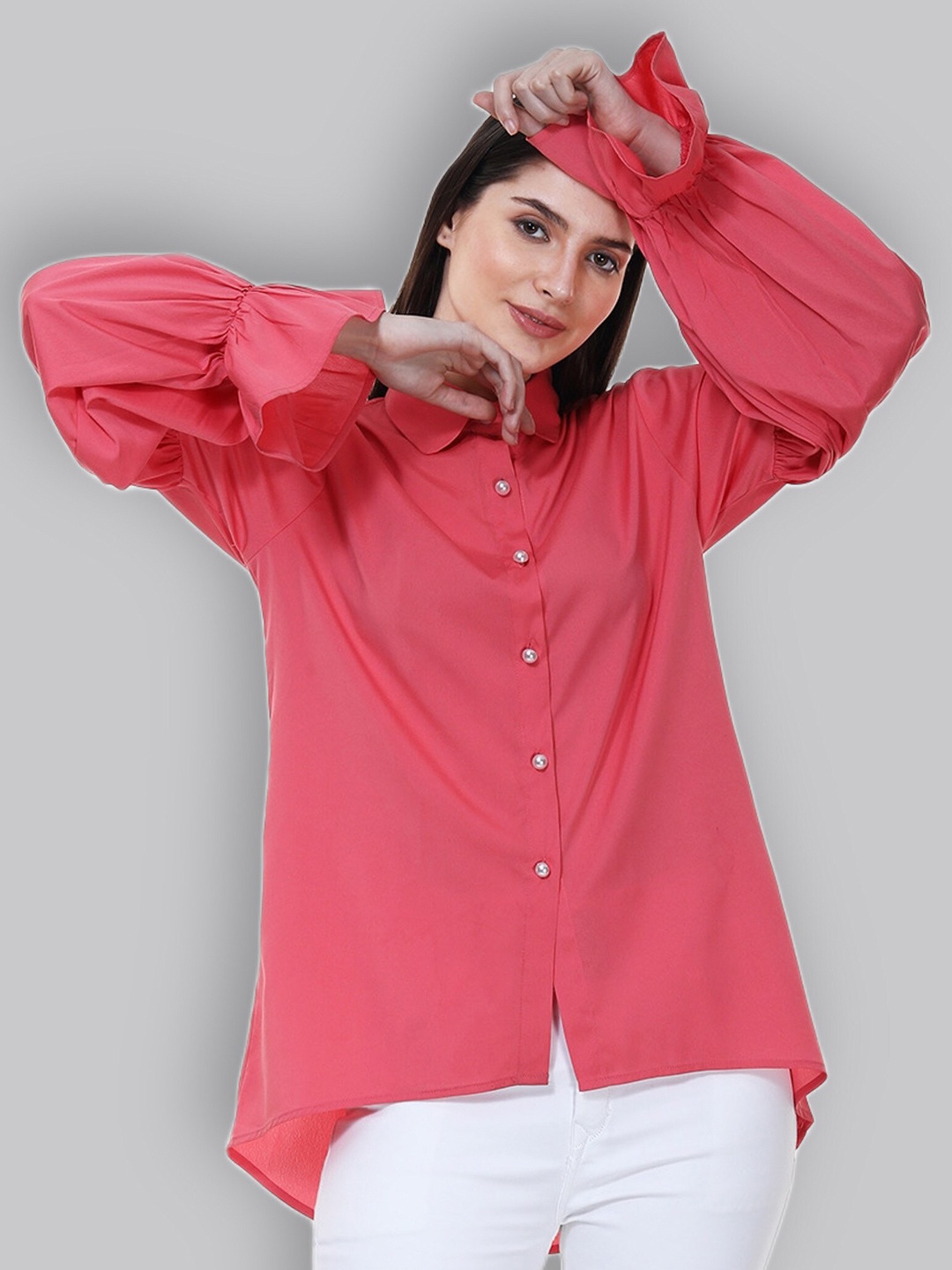 

TSM Spread Collar Gathered Puff Sleeves Semi Sheer Semi Formal Shirt, Pink