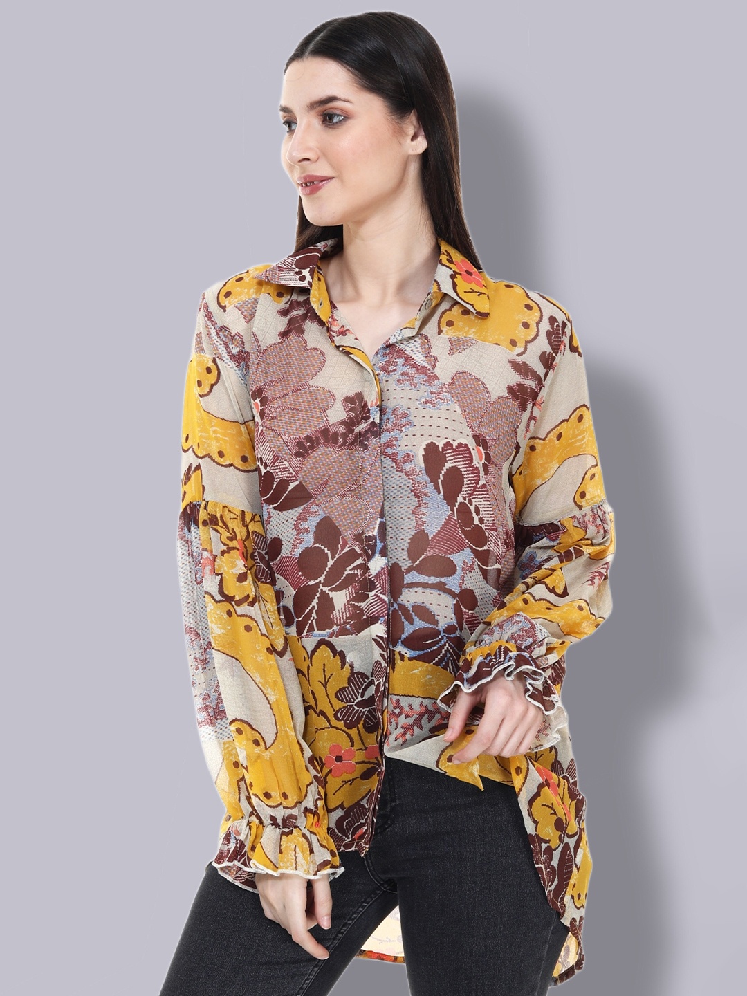 

TSM Spread Collar Puff Sleeves High Low Semi Sheer Printed Semi Formal Shirt, Yellow