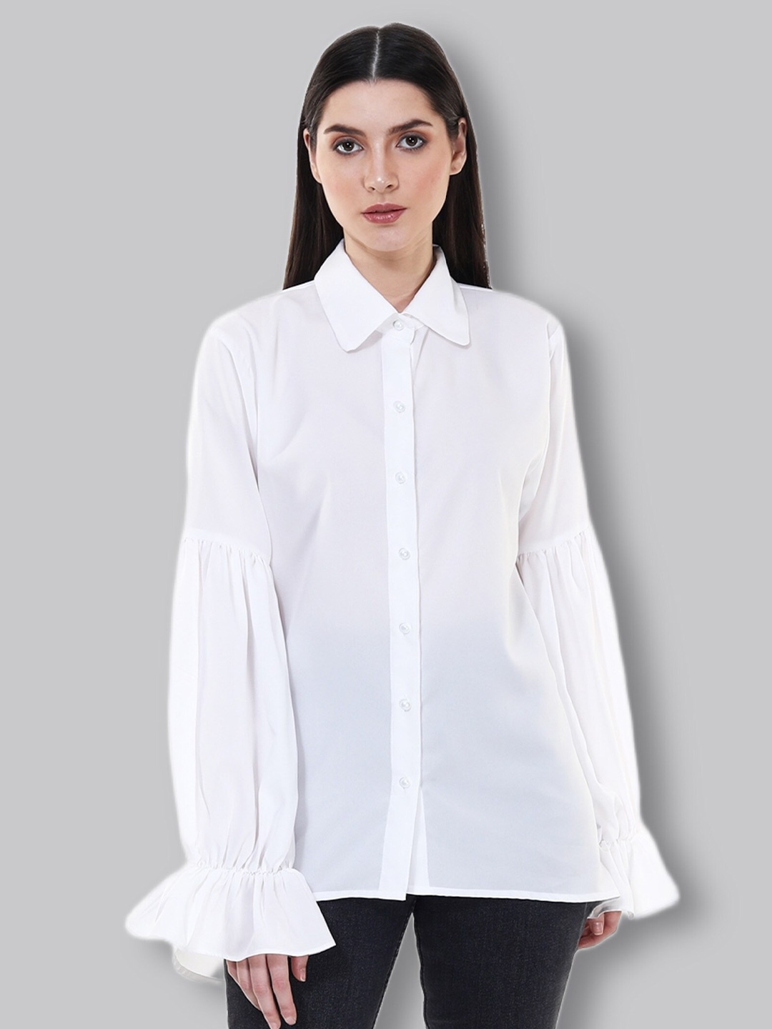 

TSM Spread Collar Gathered Puff Sleeves Semi Sheer Semi Formal Shirt, White