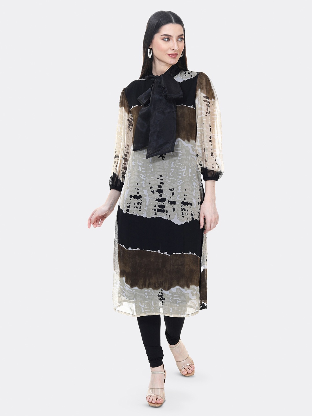

TSM Printed Embellished Neck Design Calf Length Straight Kurta, Black