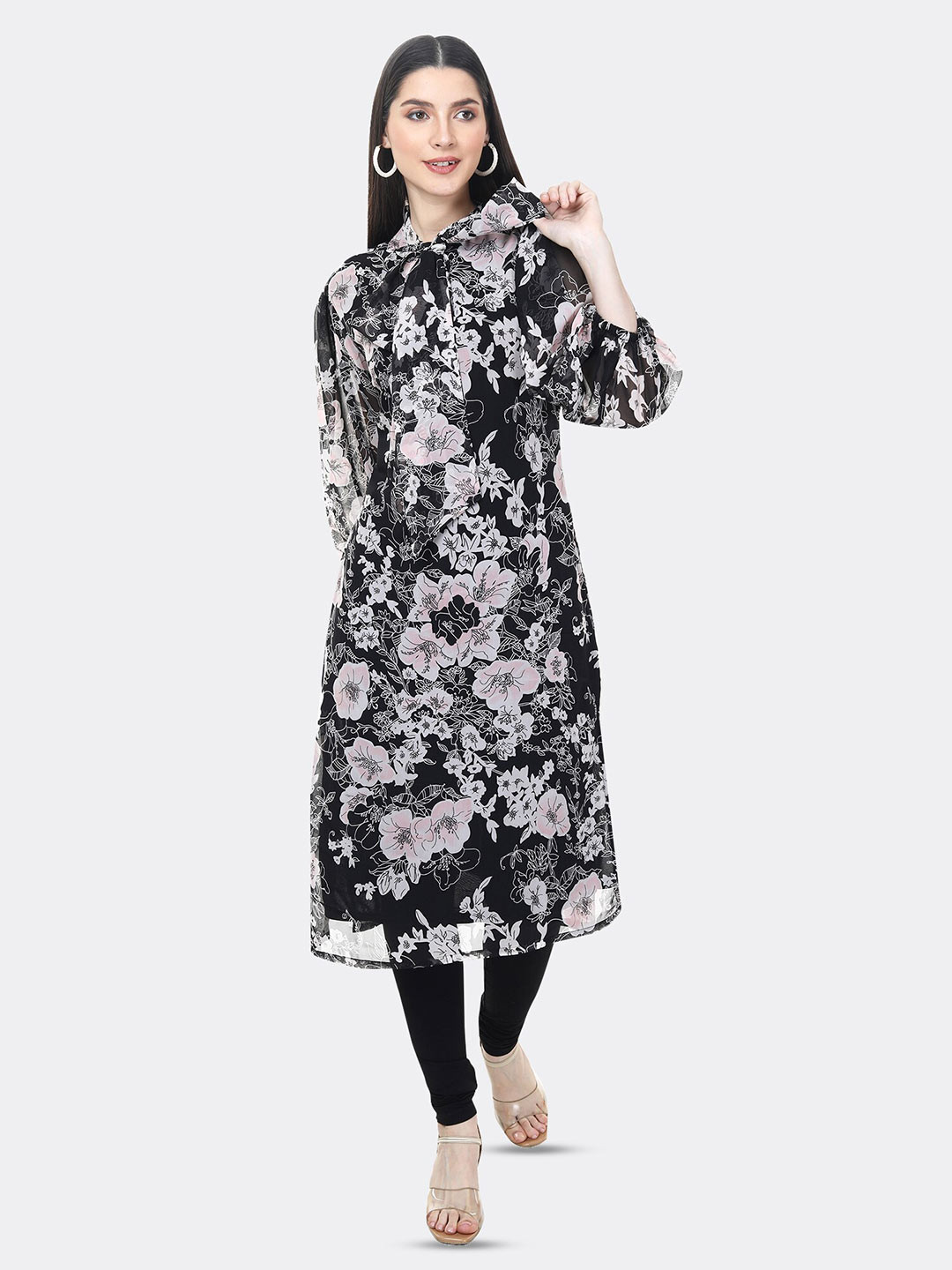 

TSM Floral Printed Embellished Neck Design Calf Length Straight Kurta, Black