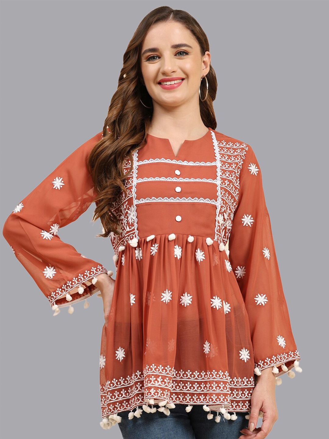 

Growish Ethnic Motifs Embroidered Peplum Top, Brown