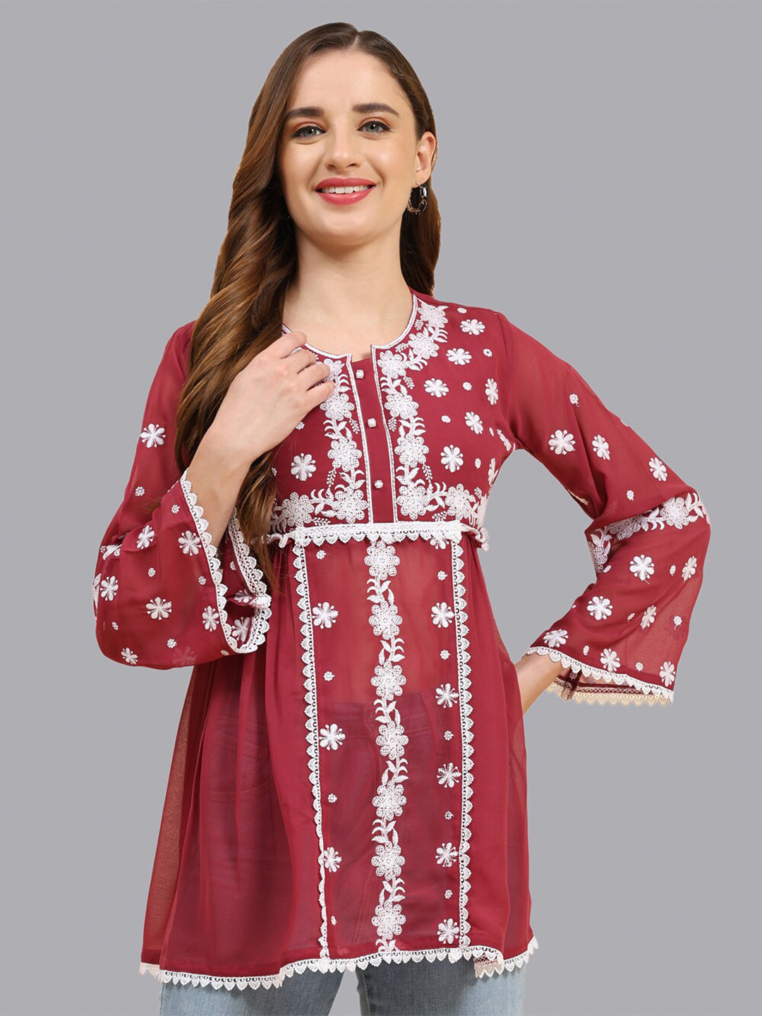 

Growish Ethnic Motifs Embroidered Peplum Top, Maroon