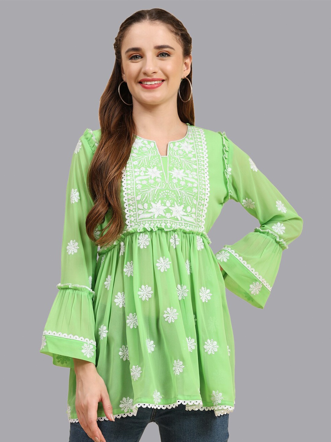 

Growish Ethnic Motifs Embroidered Peplum Top, Green