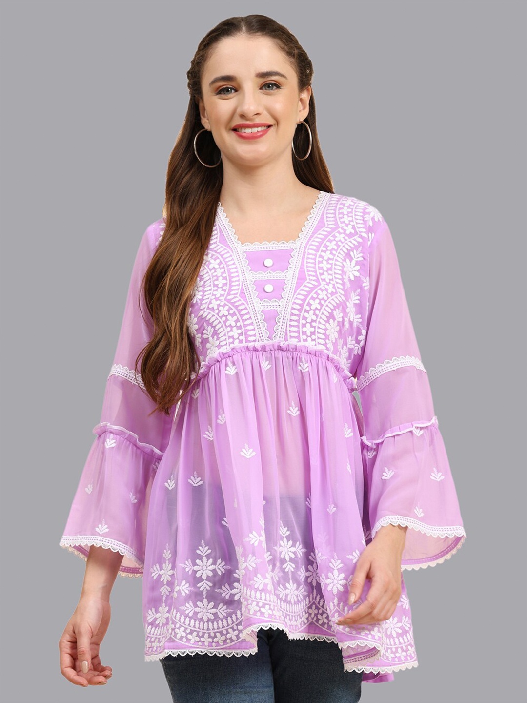 

Growish Ethnic Motifs Embroidered Peplum Top, Purple