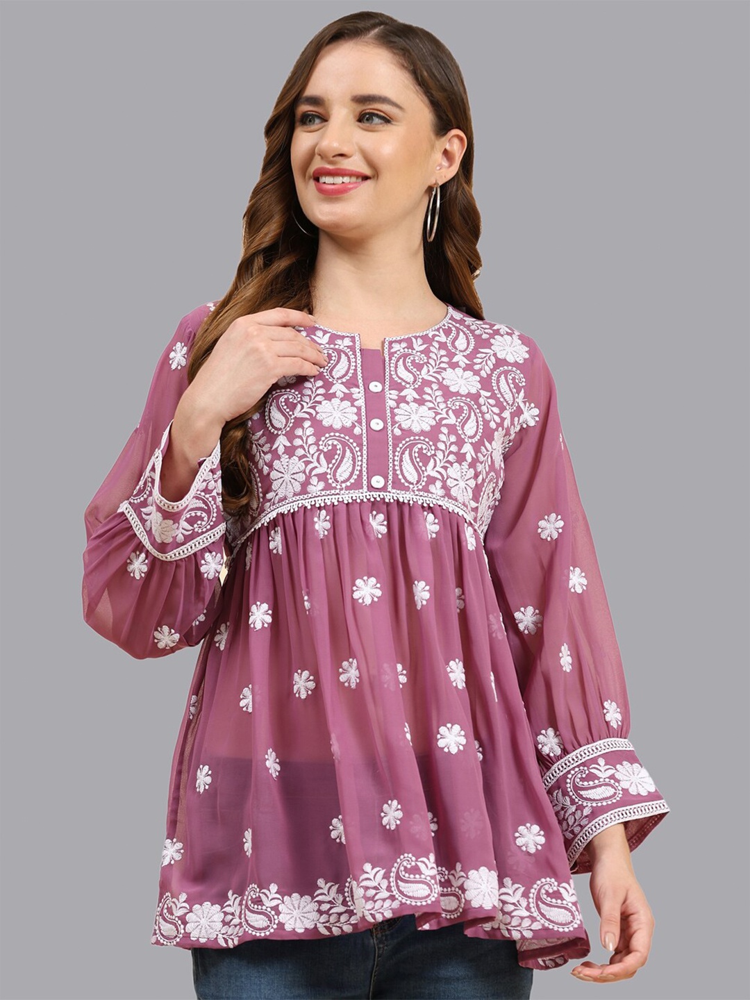 

Growish Floral Embroidered Georgette A-Line Top, Purple