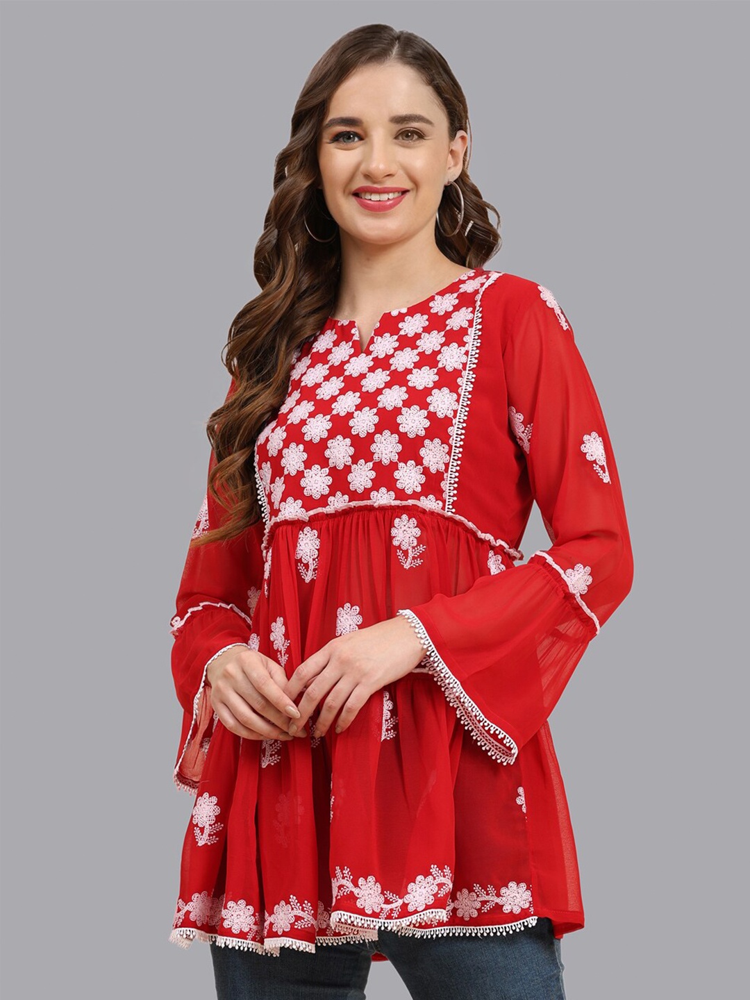 

Growish Floral Embroidered Georgette A-Line Top, Red