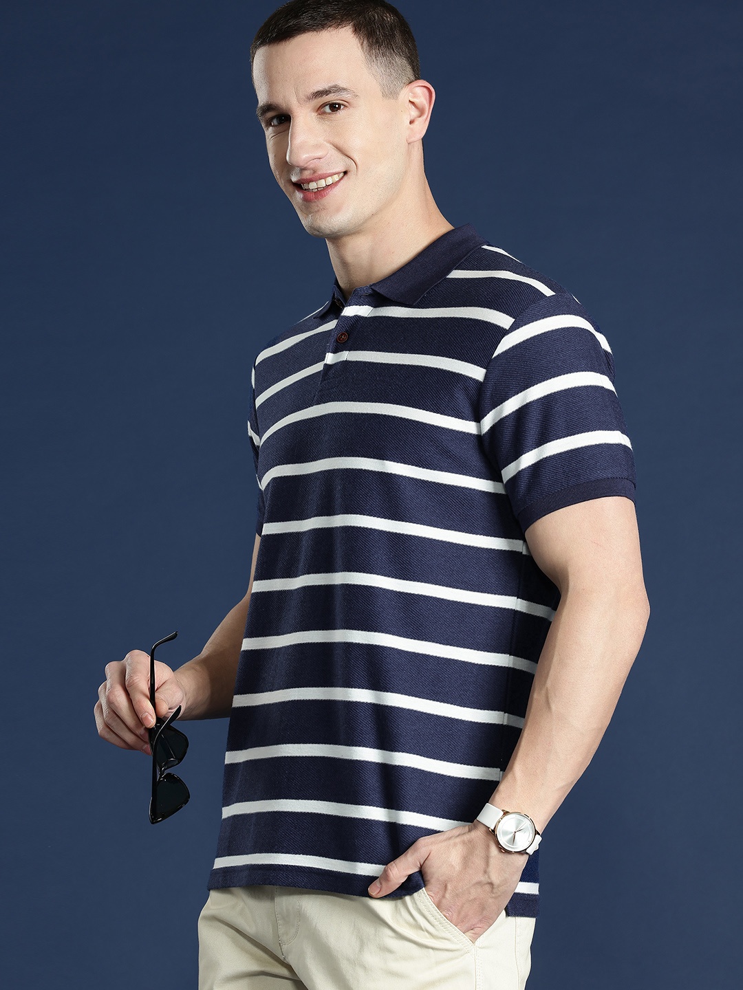 

Mast & Harbour Men Striped Polo Collar T-shirt, Navy blue