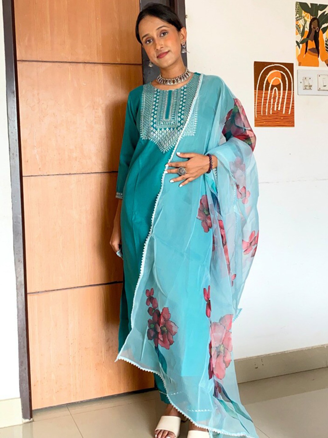 

Twika Embroidered Regular Kurti with Trousers & With Dupatta, Blue