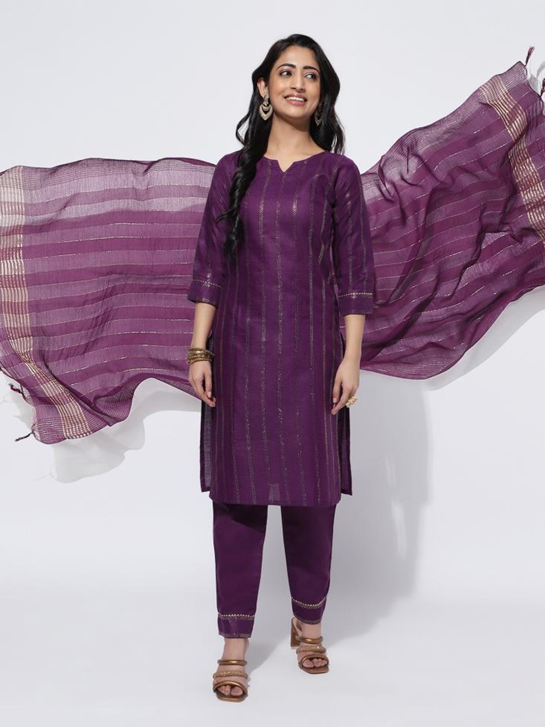 

Twika Printed Notch Neck Straight Kurta With Trousers & Dupatta, Purple