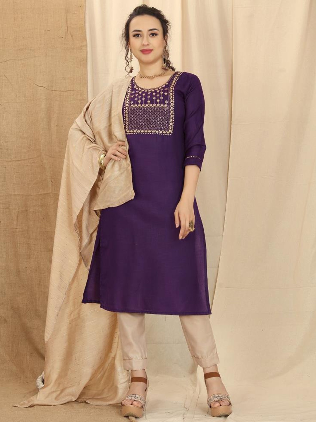 

Twika Women Purple Embroidered Regular Kurti with Trousers & With Dupatta