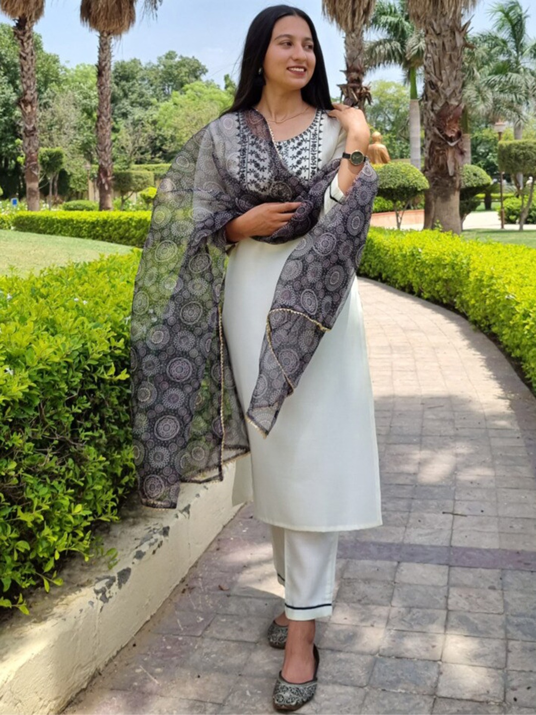 

Twika Embroidered Round Neck Straight Kurta With Trousers & Dupatta, White