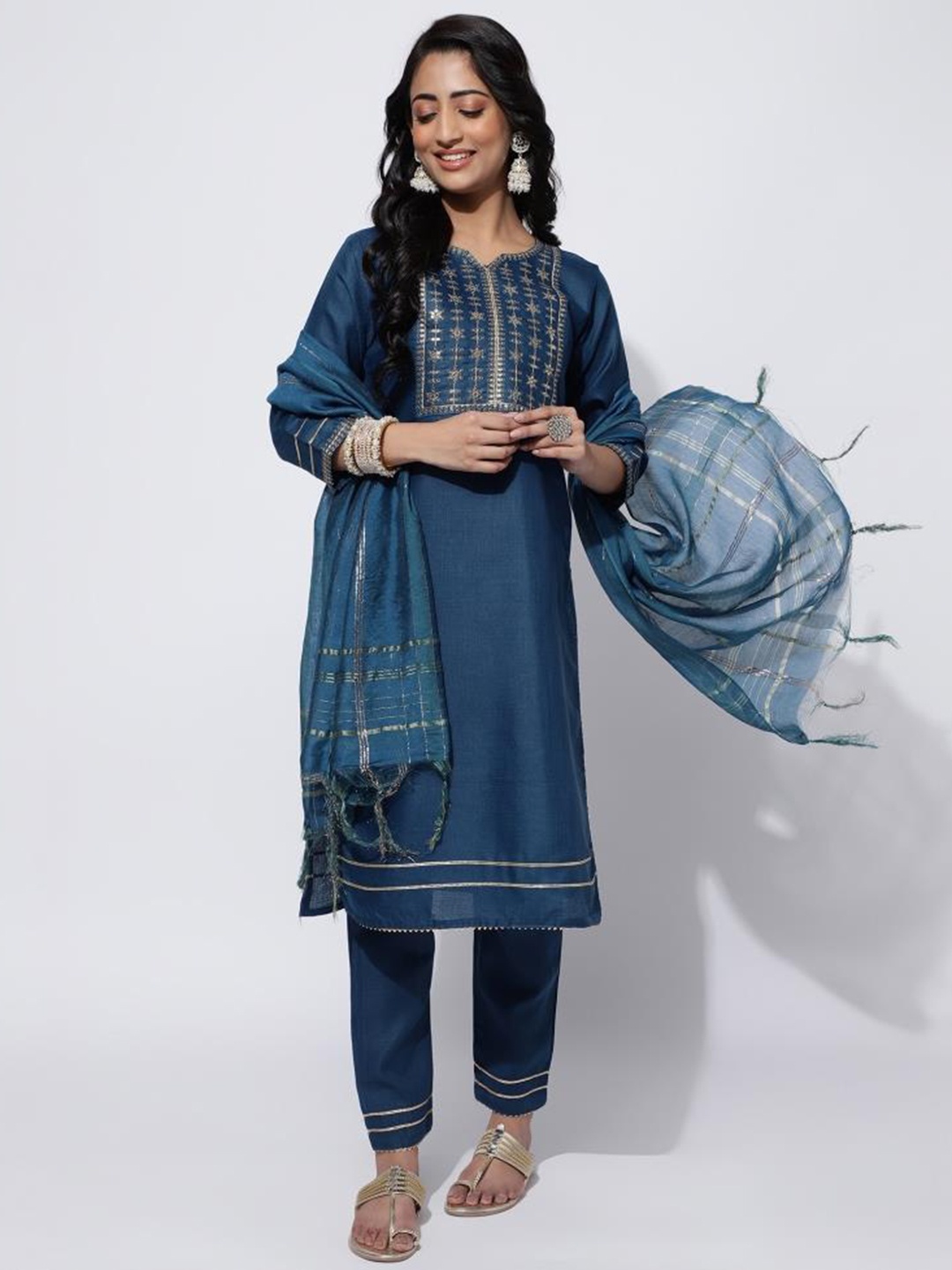 

Twika Women Teal Embroidered Regular Kurti with Trousers & With Dupatta