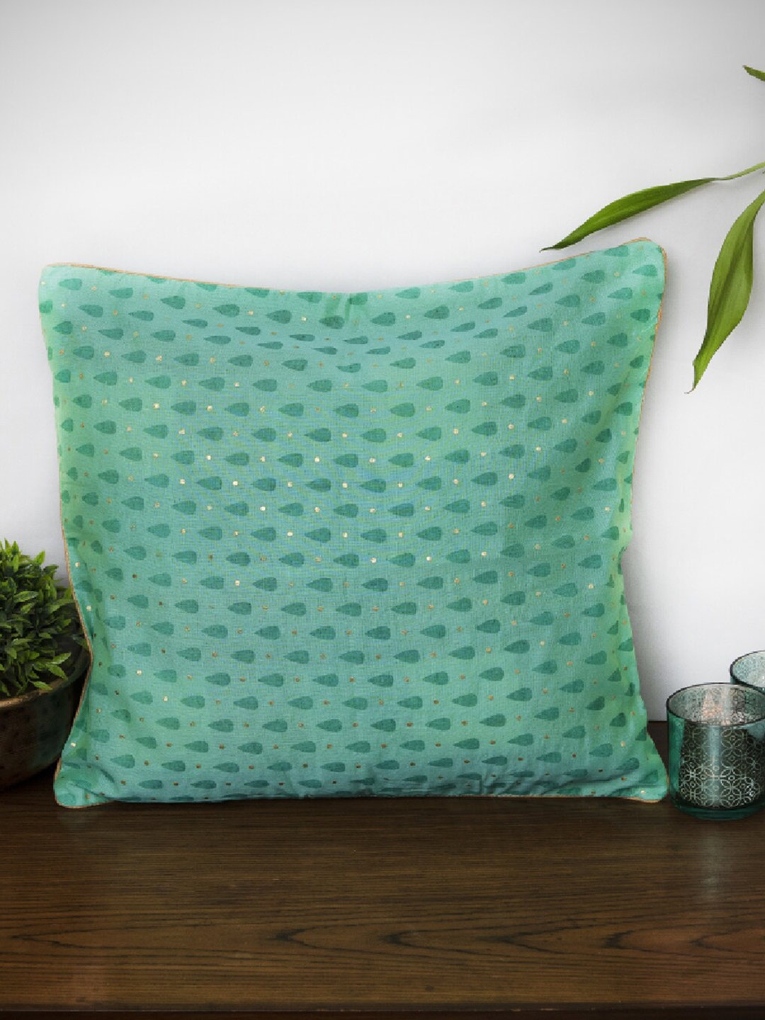 Mryga Green Ethnic Motifs Chanderi Cotton Square Cushion Covers