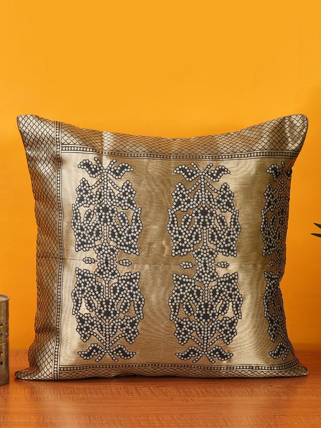

Mryga Black & Gold Toned Ethnic Motifs Square Cushion Covers