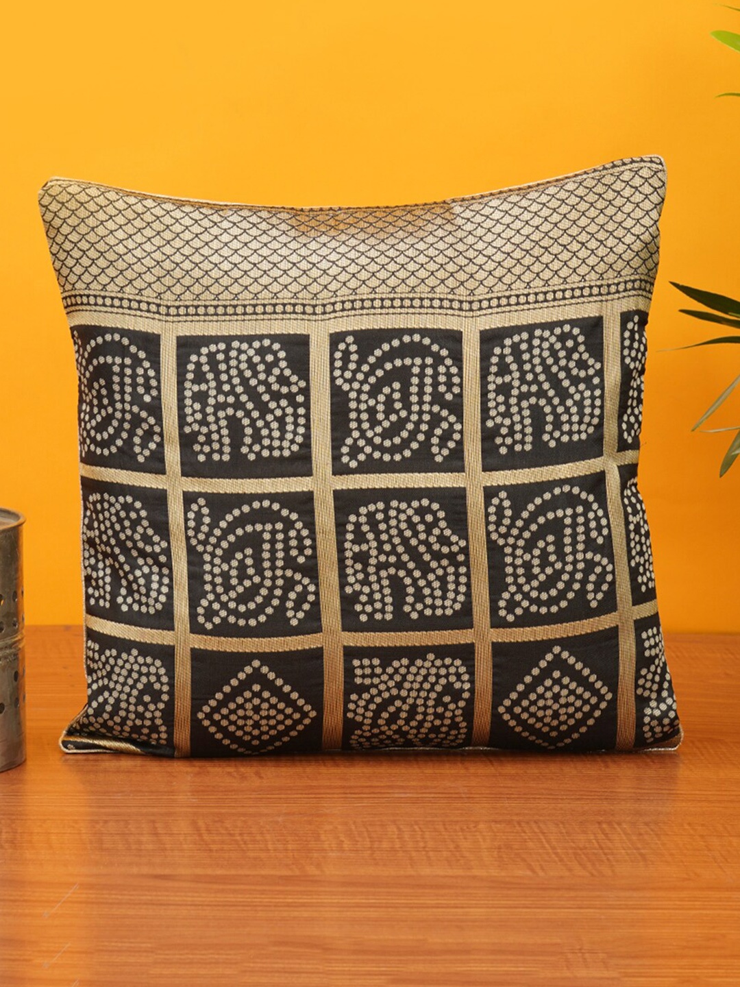 

Mryga Black & Gold Toned Ethnic Motifs Square Cushion Covers