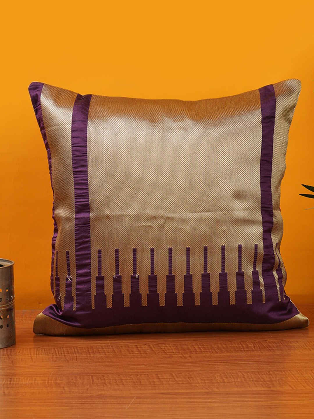 Mryga Purple & Gold Toned Geometric Square Cushion Cover