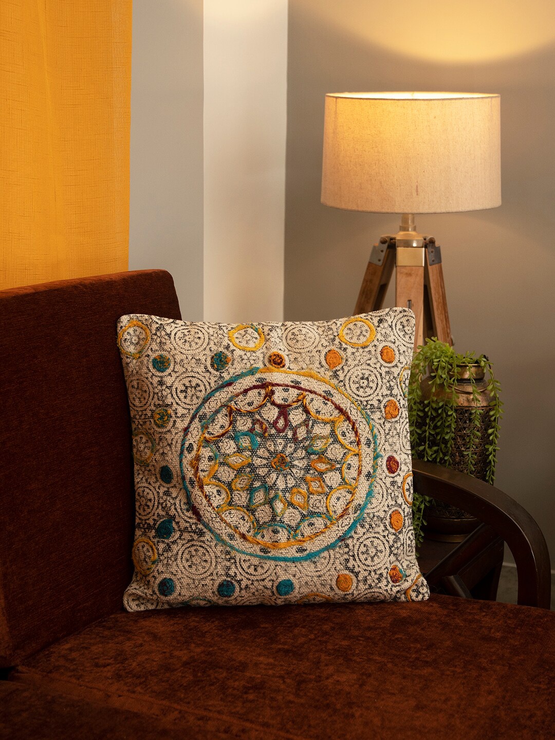 

Mryga Beige & Blue Ethnic Motifs Cotton Square Cushion Covers