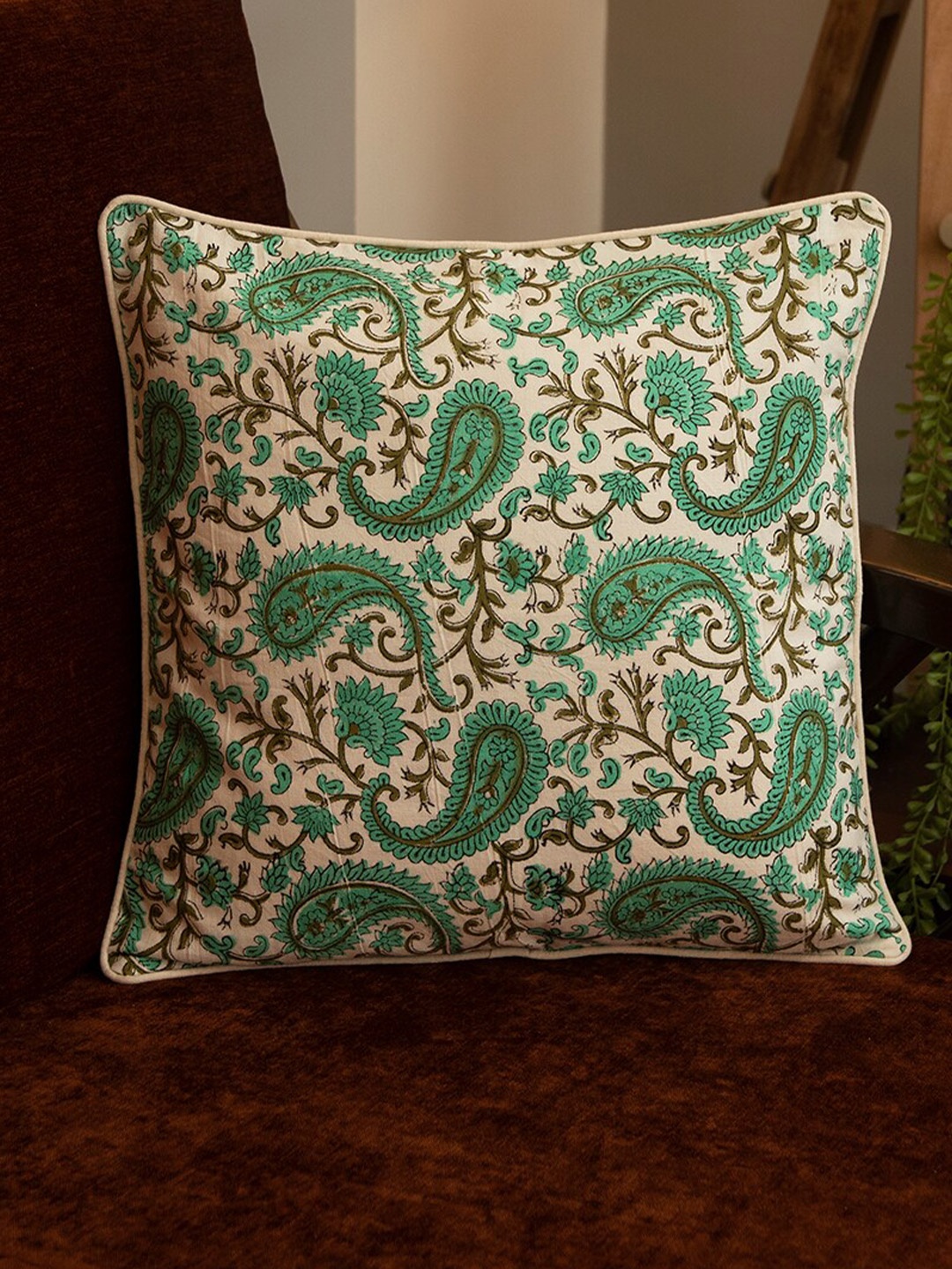 

Mryga Green & Cream Ethnic Motifs Cotton Square Cushion Covers