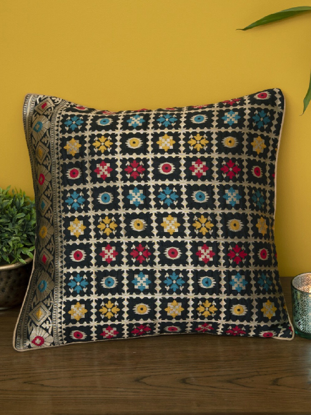 

Mryga Black & Yellow Ethnic Motifs Square Cushion Covers