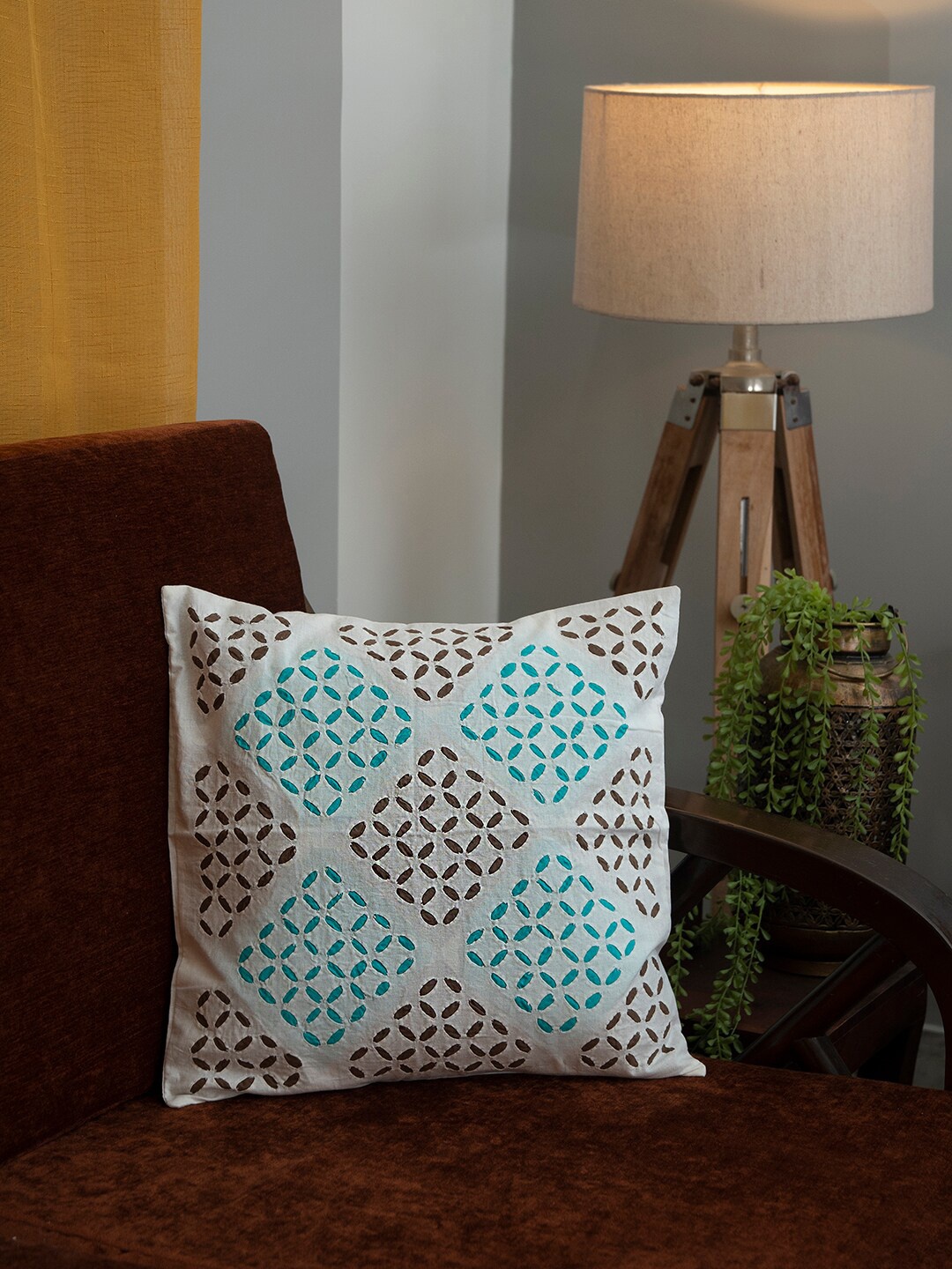 

Mryga Beige & Blue Geometric Square Cotton Cushion Covers