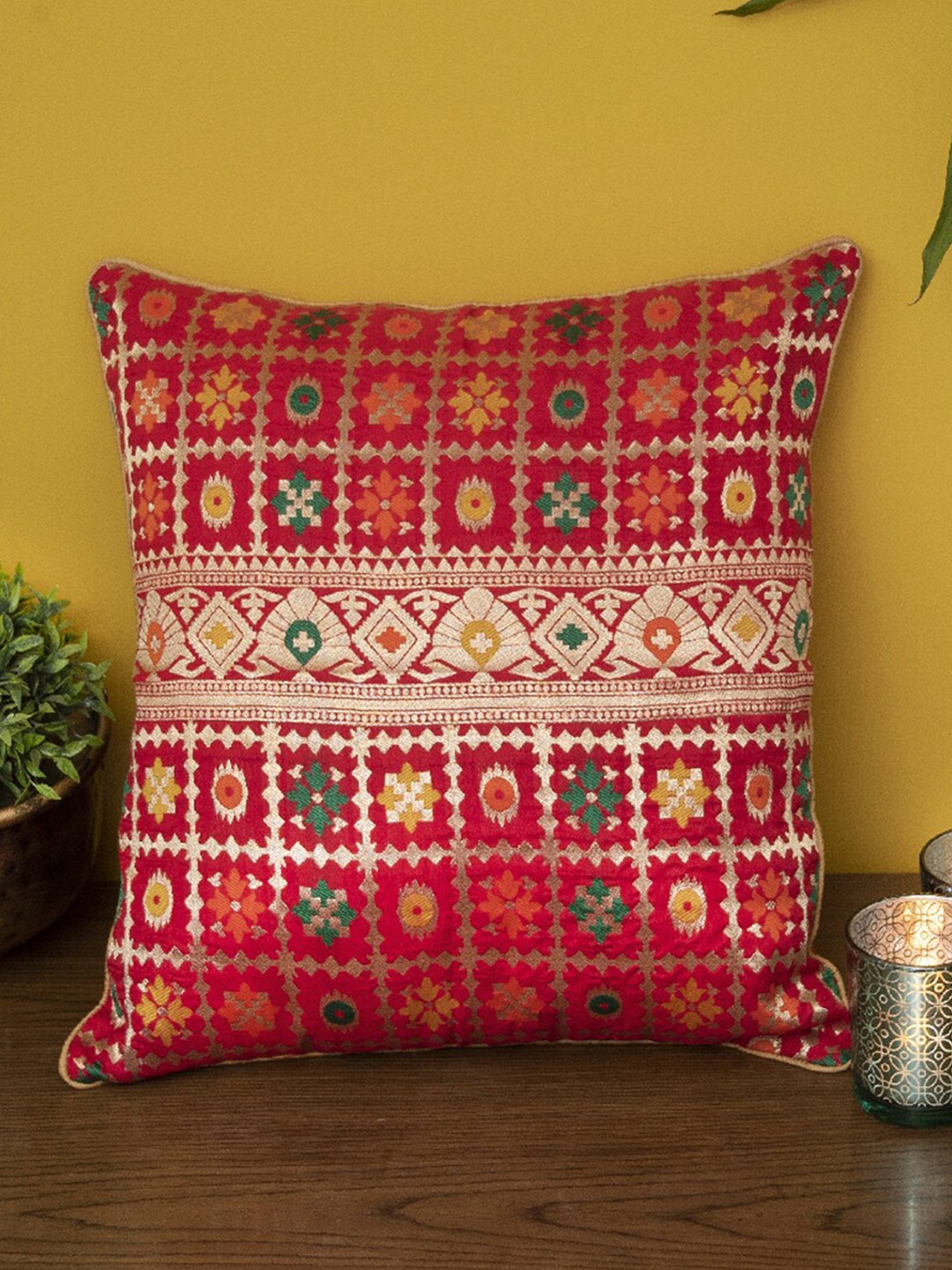 

Mryga Red & Gold Toned Ethnic Motifs Square Cushion Cover