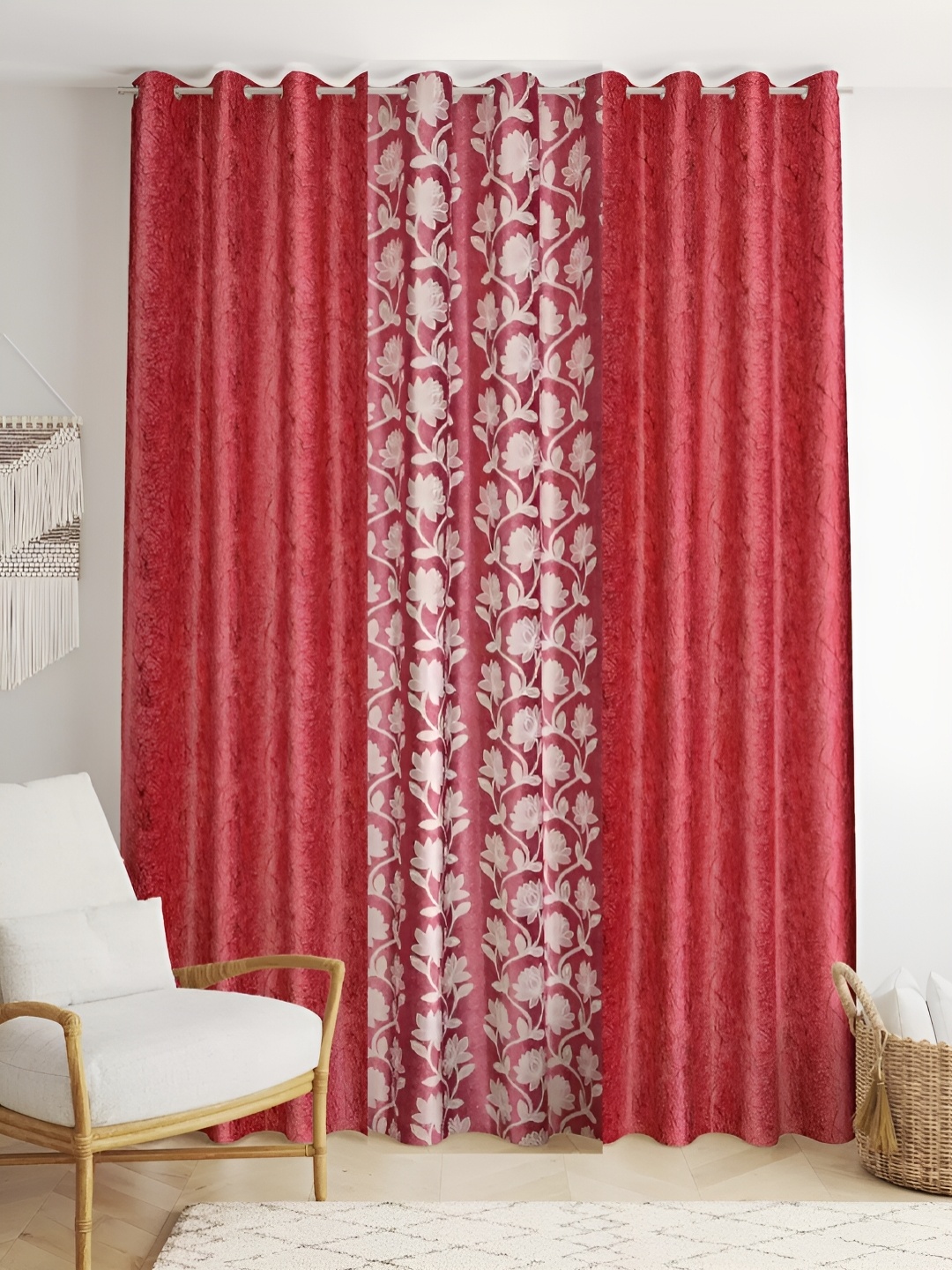 

stuffique Maroon & White 3 Pieces Floral Printed Door Curtains