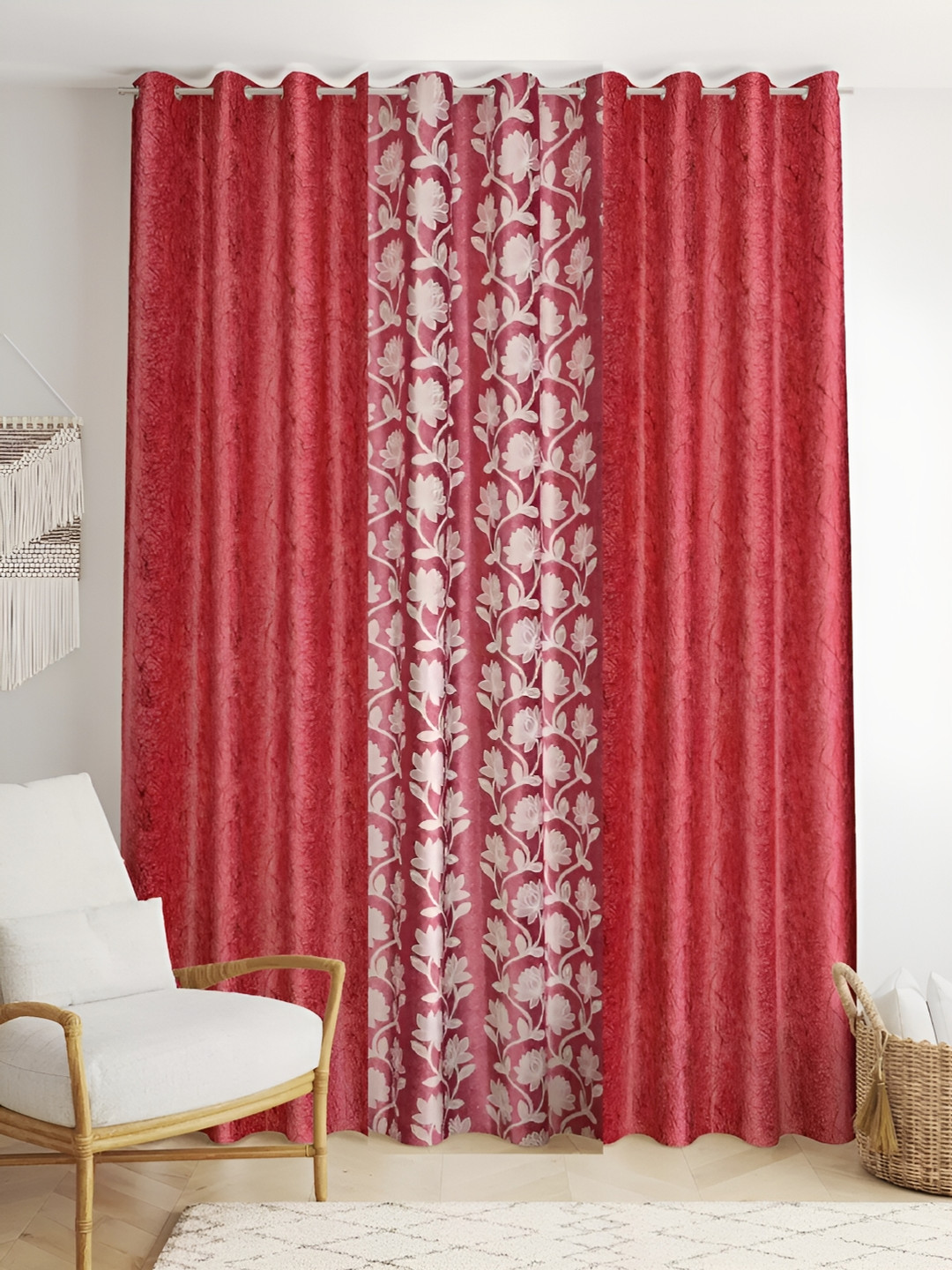 

stuffique Maroon & White 3 Pieces Floral Printed Window Curtains