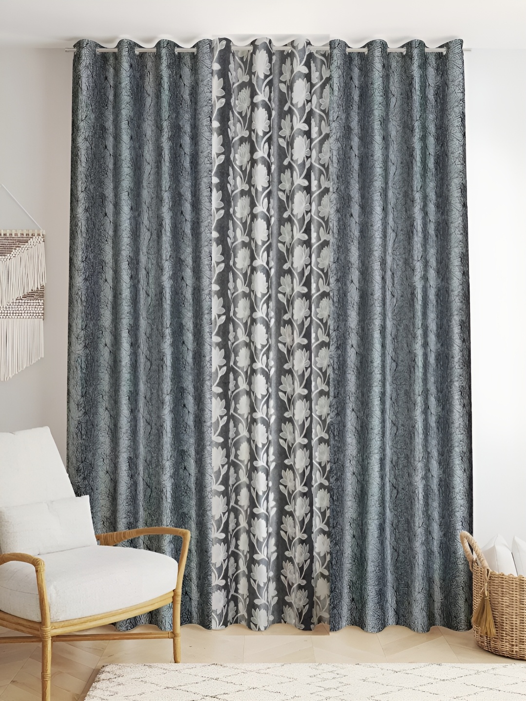 

stuffique Grey & White 3 Pieces Floral Printed Door Curtains