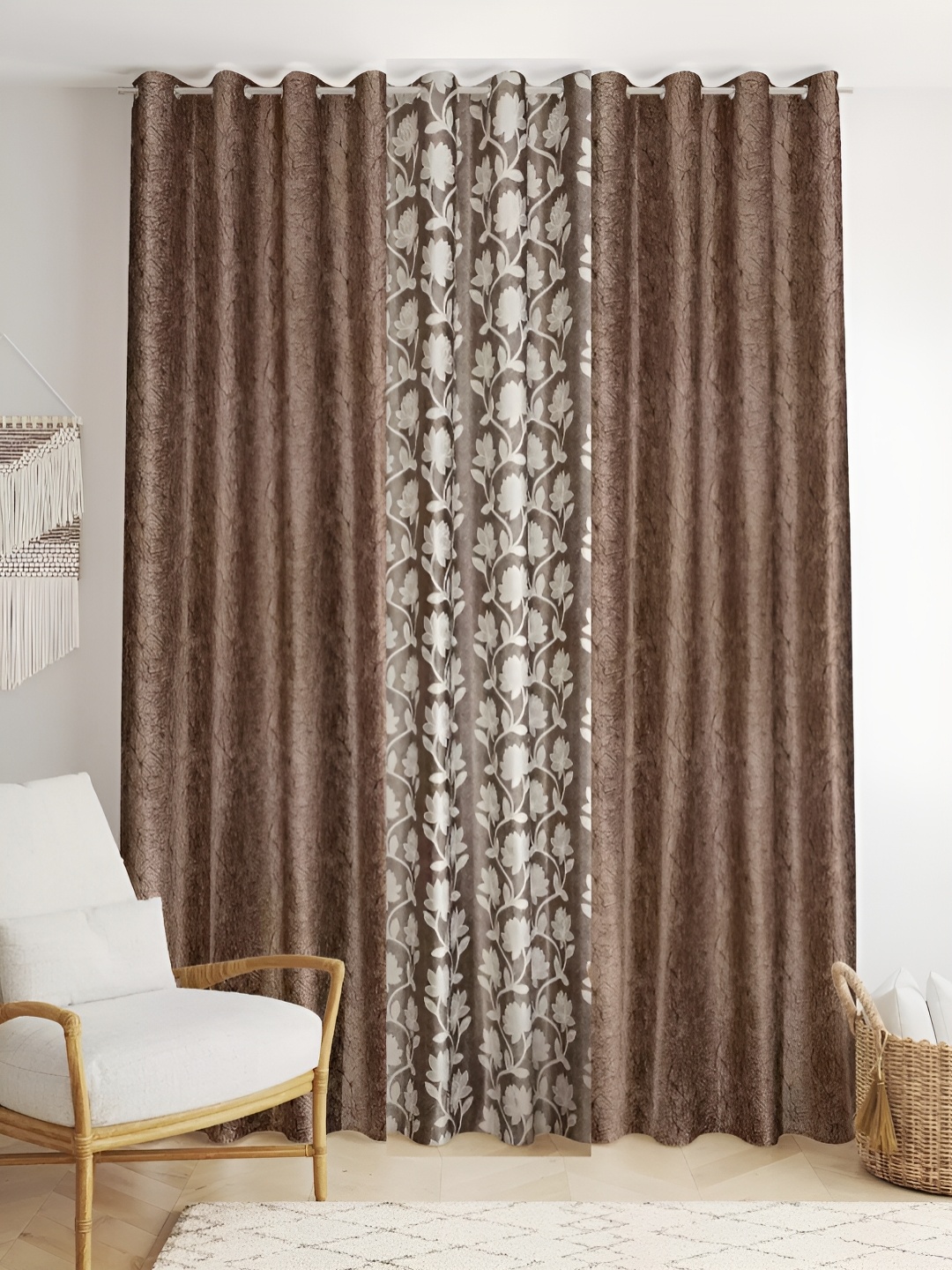 

stuffique Brown & White 3 Pieces Floral Printed Long Door Curtains