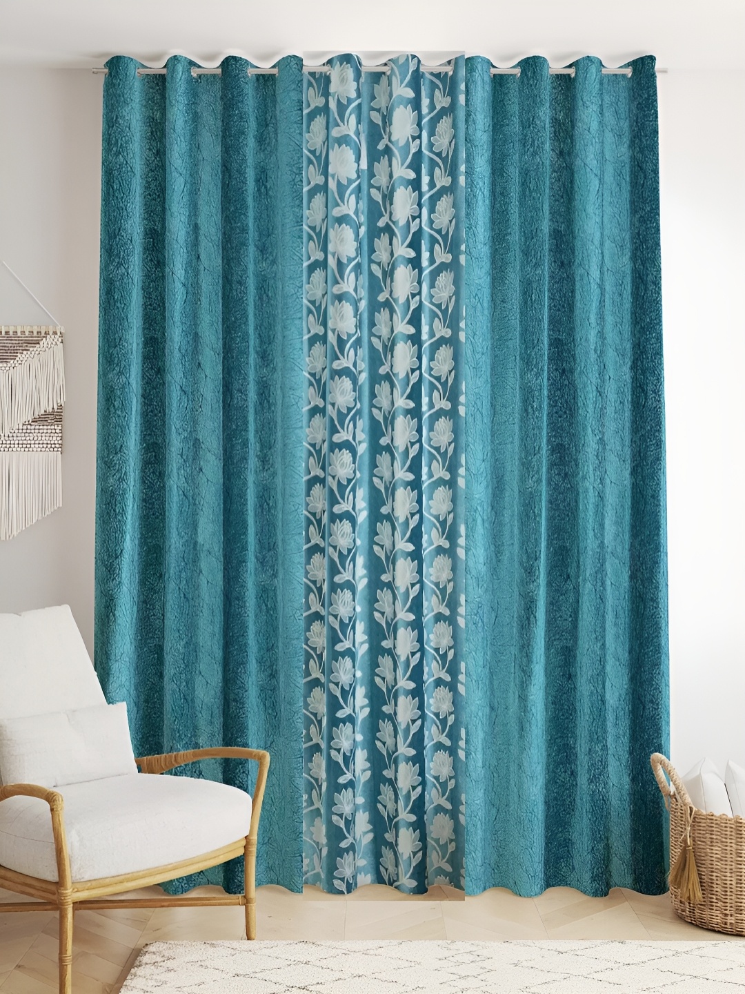 

stuffique Blue & White 3 Pieces Floral Printed Door Curtains