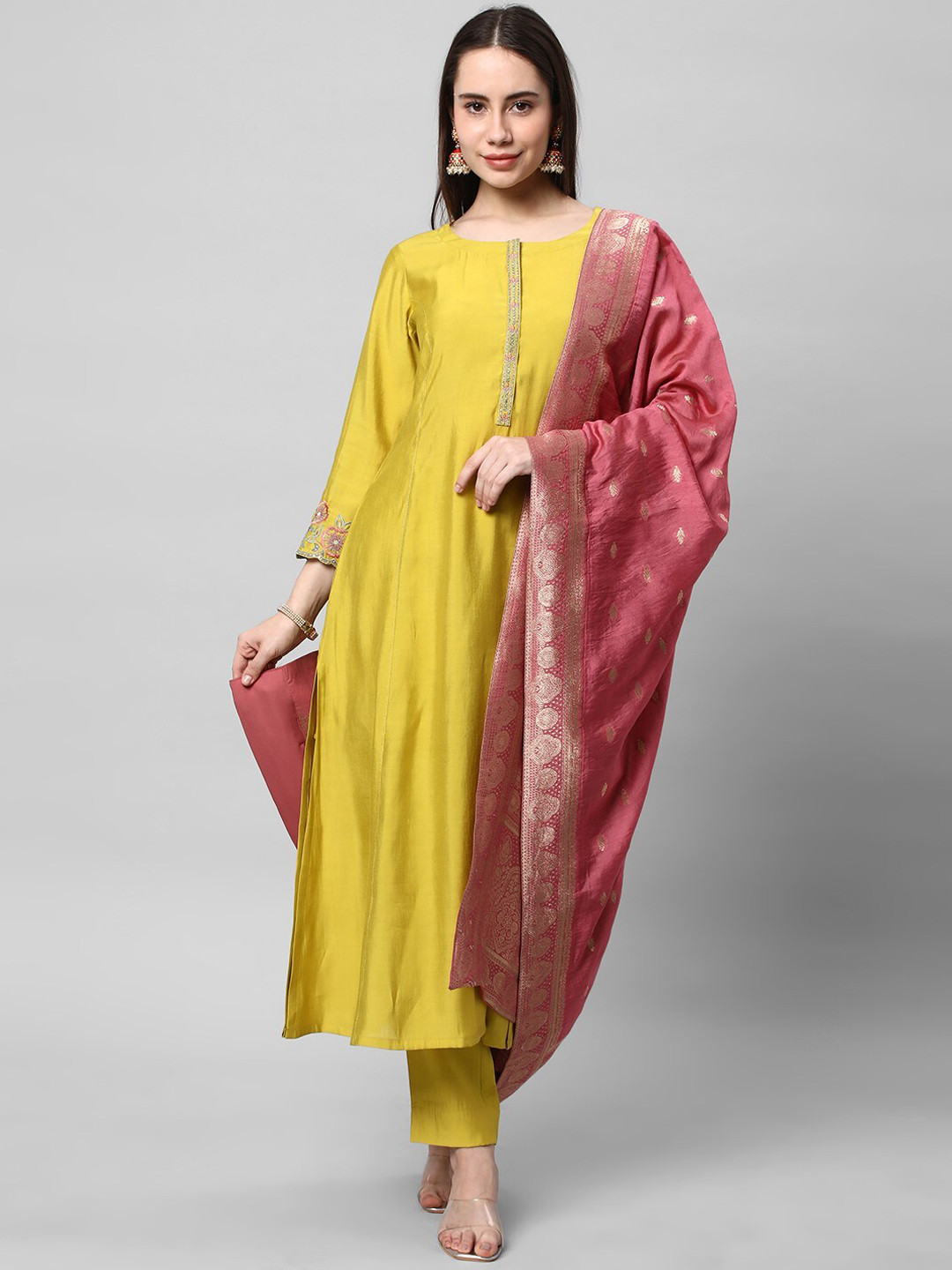 

KAMI KUBI Regular A line Kurta with Trousers & With Dupatta, Lime green