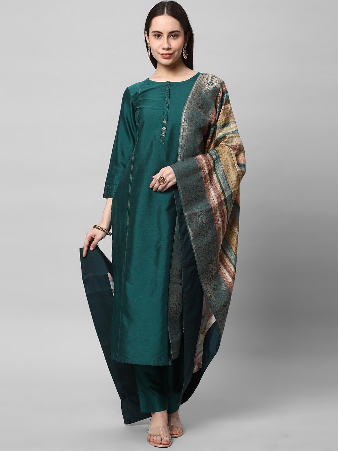 

KAMI KUBI Regular Round Neck Kurta with Trousers & With Dupatta, Teal
