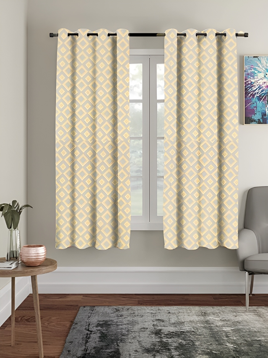 

RRC Yellow & Grey 2 Pieces Sheer Window Curtain