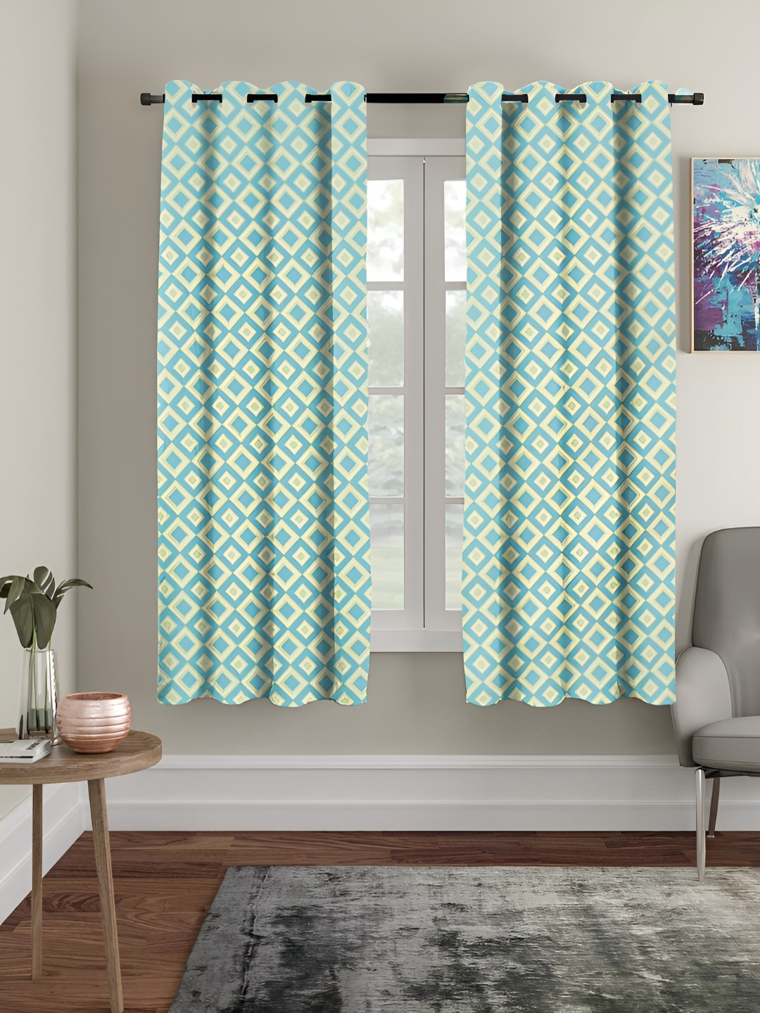 

RRC Blue & Yellow 2 Pieces Geometric Sheer Window Curtains