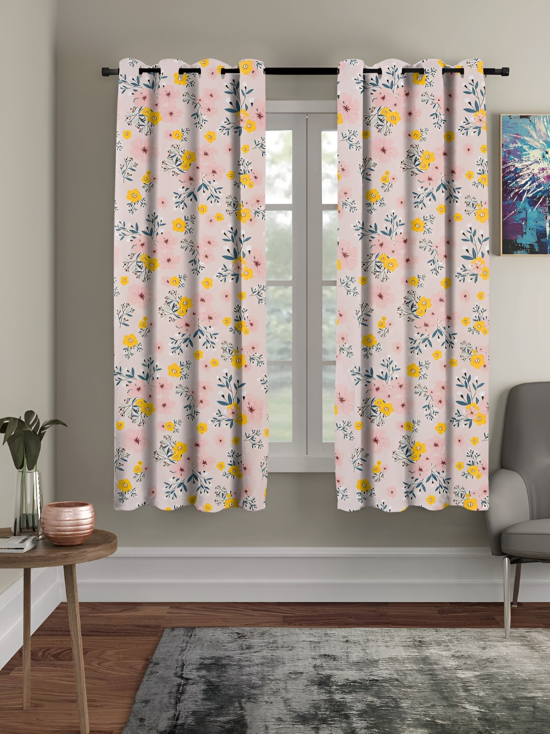 

RRC Pink & Yellow 2 Pieces Floral Room Darkning Window Curtains