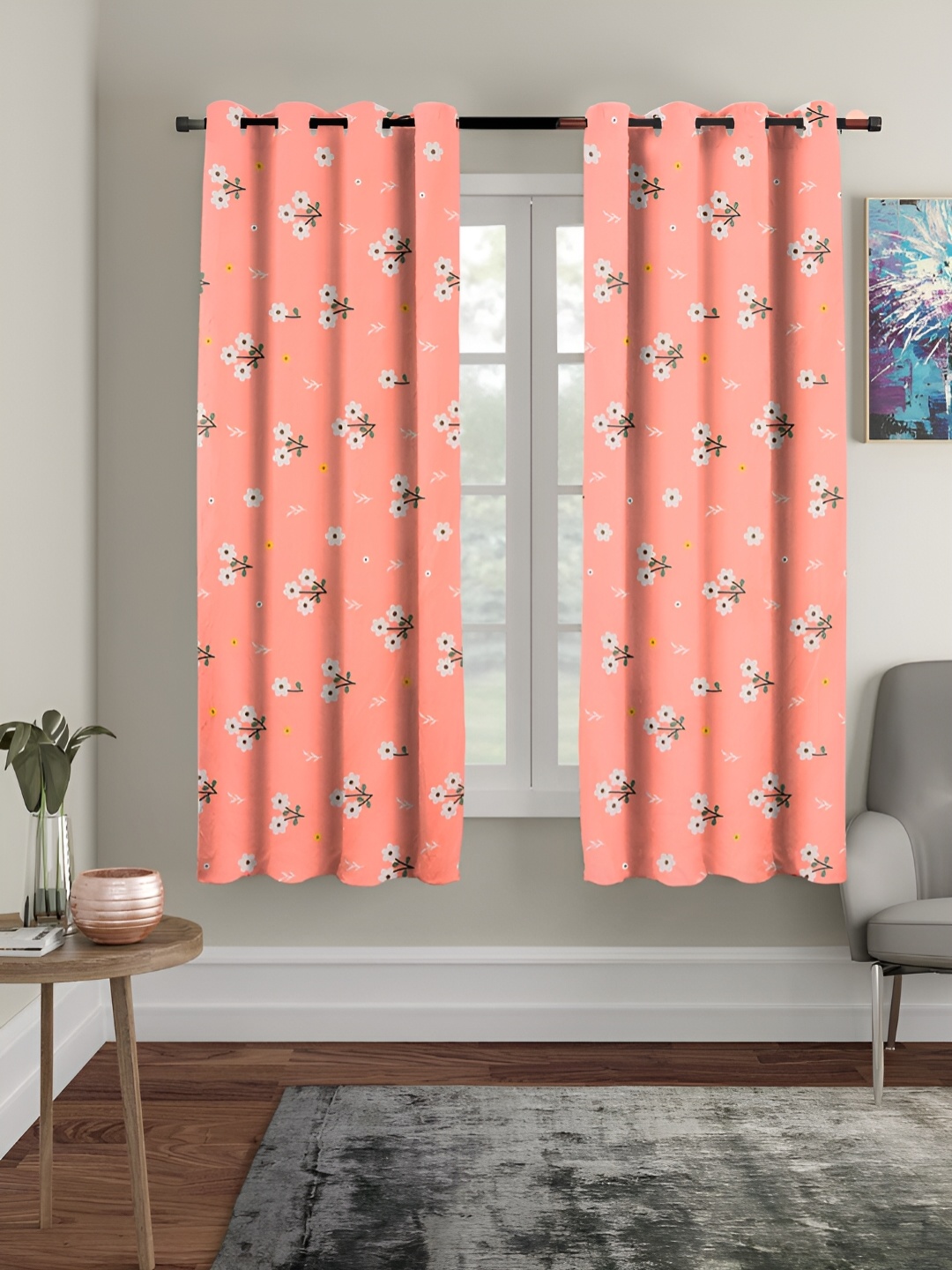 

RRC Peach & White 2 Pieces Floral Sheer Window Curtains