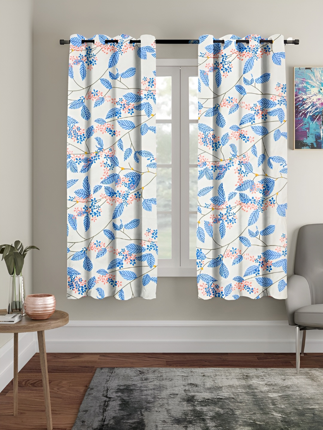 

RRC Blue & White 2 Pieces Floral Sheer Window Curtains