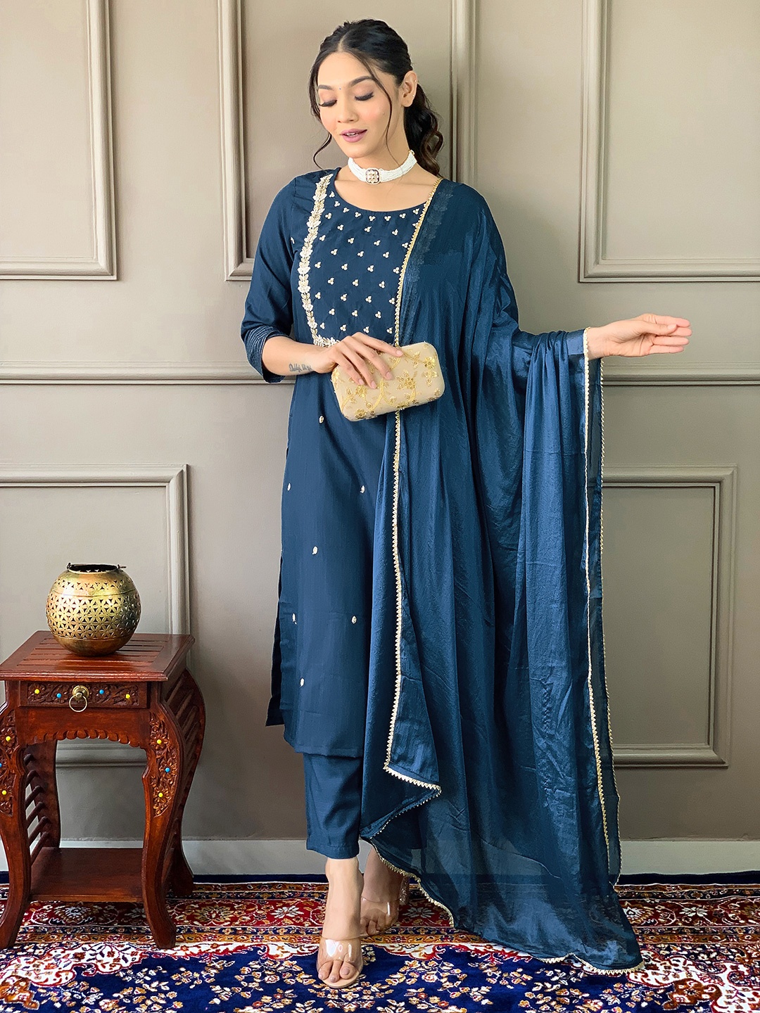 

KALINI Embroidered Kurta with Trousers & Dupatta, Blue