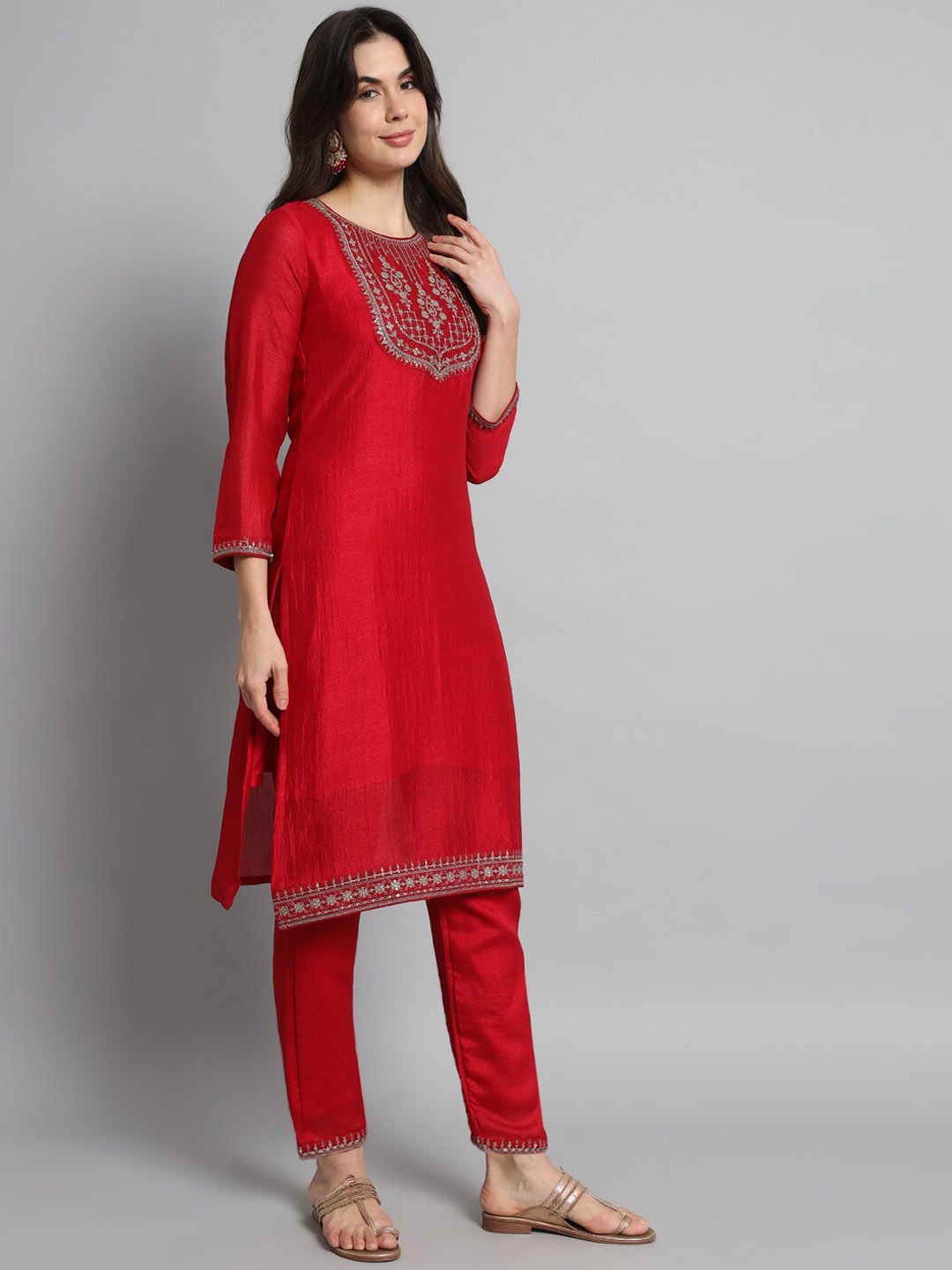 

KALINI Embroidered Kurta with Trousers & Dupatta, Red