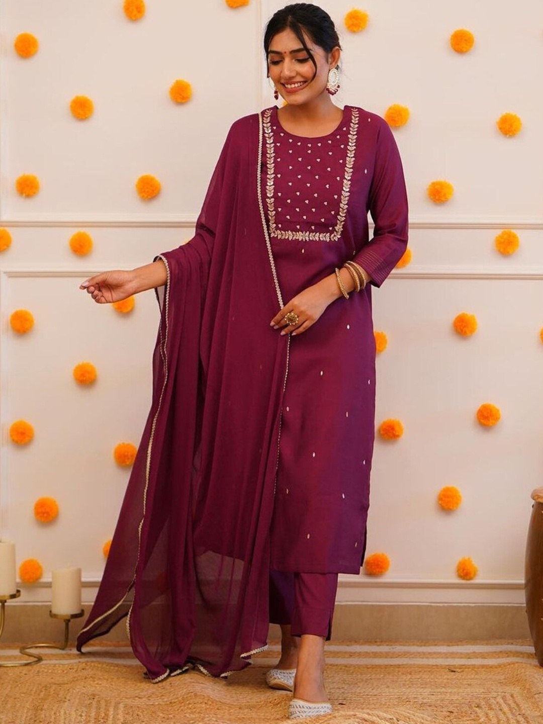 

KALINI Embroidered Kurta with Trousers & Dupatta, Purple