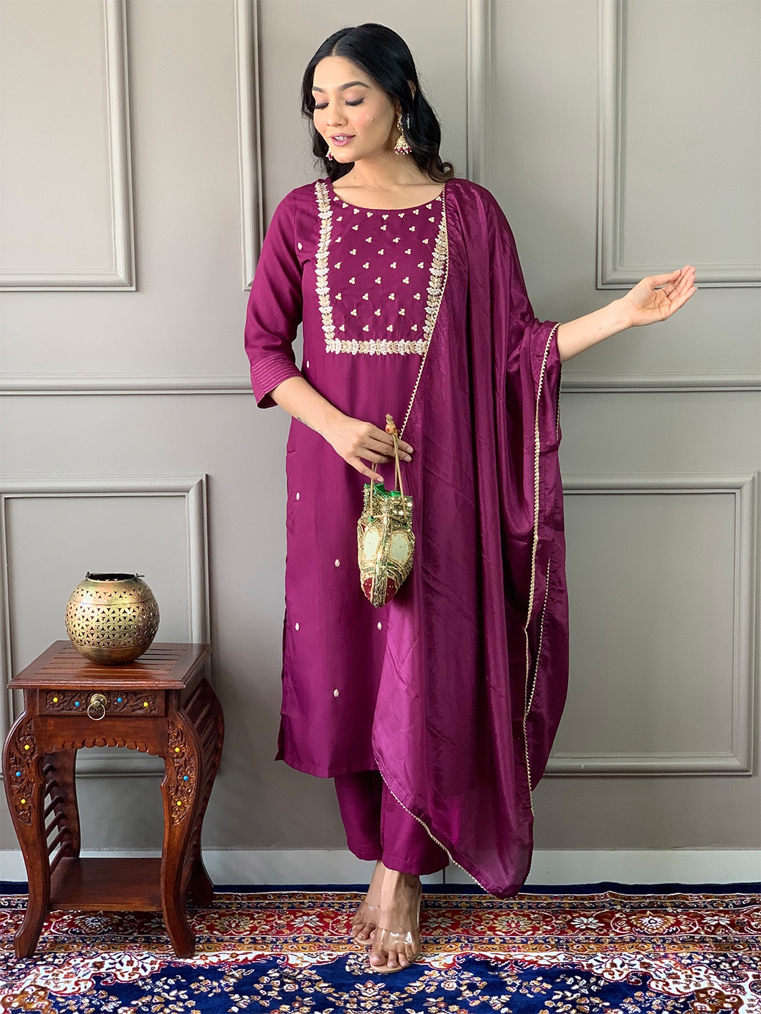 

KALINI Embroidered Kurta with Trousers & Dupatta, Purple
